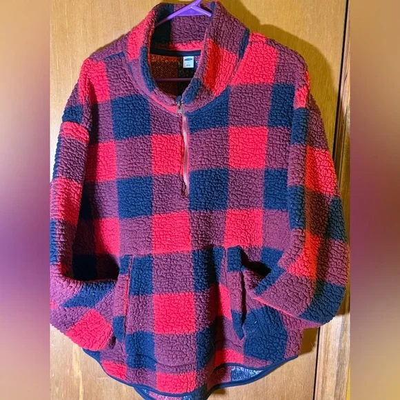 Old Navy Red and Black Plaid Fleece Pullover - Picture 2 of 7